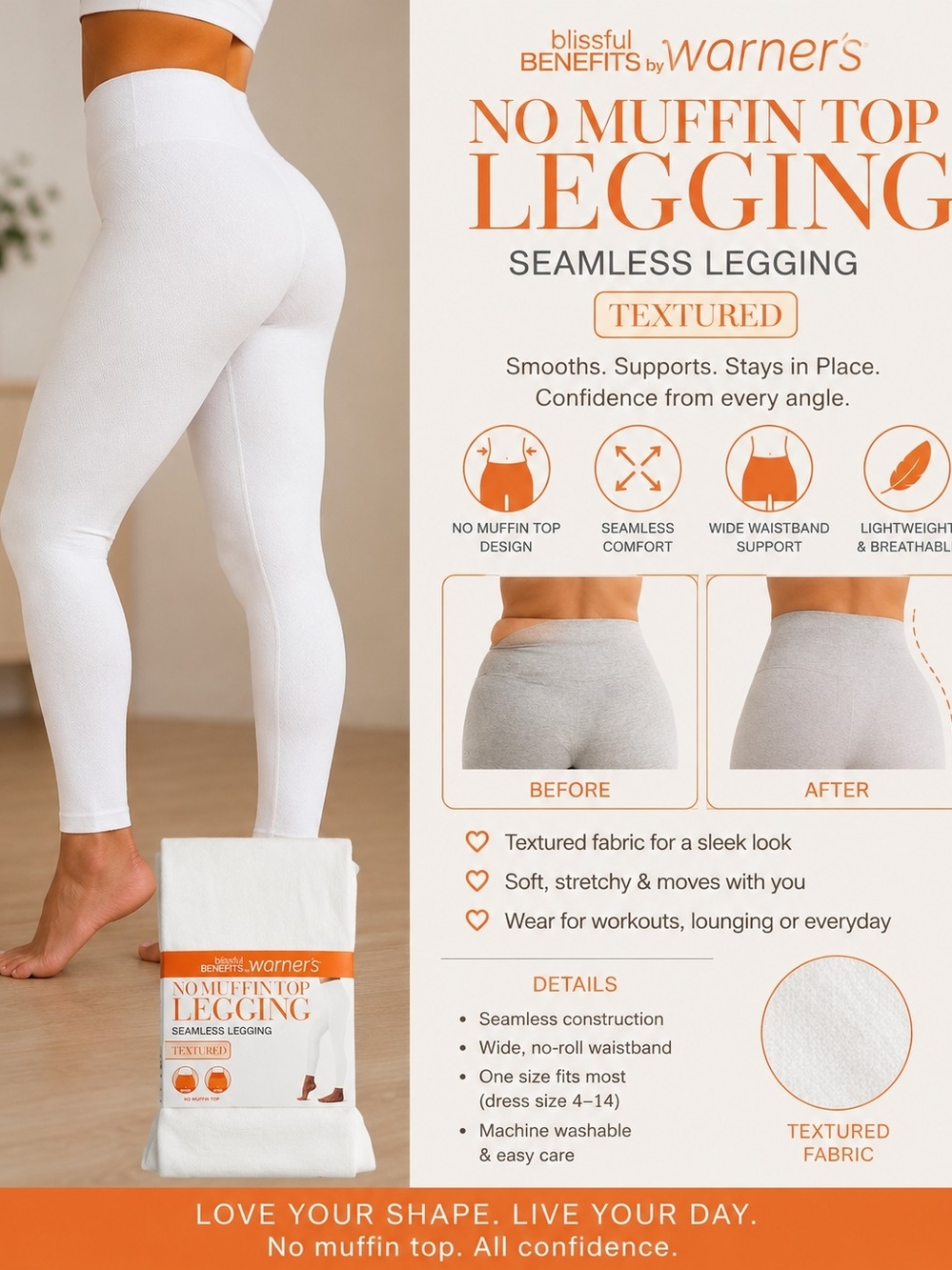 Warner's White No Muffin Top Seamless Textured Leggings